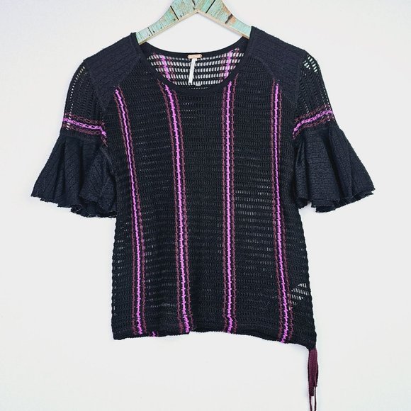 Free People Babes Only Full Crochet Sheer Top in Black Hot Pink, Side Tie Sz Sm - Picture 2 of 8